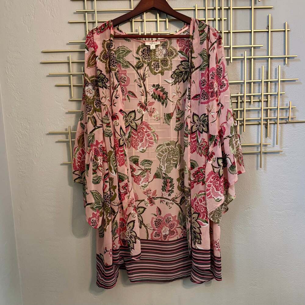 Style & Co Pink Floral Boho Kimono Cardigan Bell Sleeve Plus Size 3X